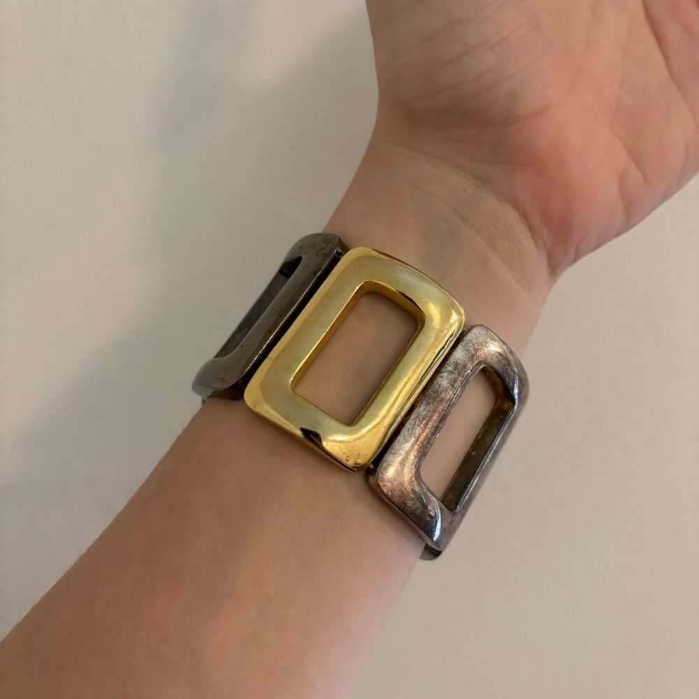 Mixed Metal Funky Square Detail Wide Chunky Bohemian Costume Jewelry Bracelet